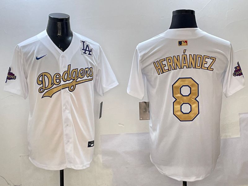 Men Los Angeles Dodgers #8 Hernandez White Champion gold character 2025 Nike MLB Jersey style 10->los angeles dodgers->MLB Jersey